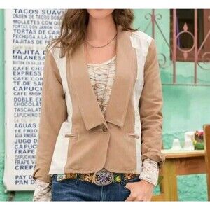 Sundance Women's XL Linen Blend Savanna Colorblock Jacket Blazer Tan Cream